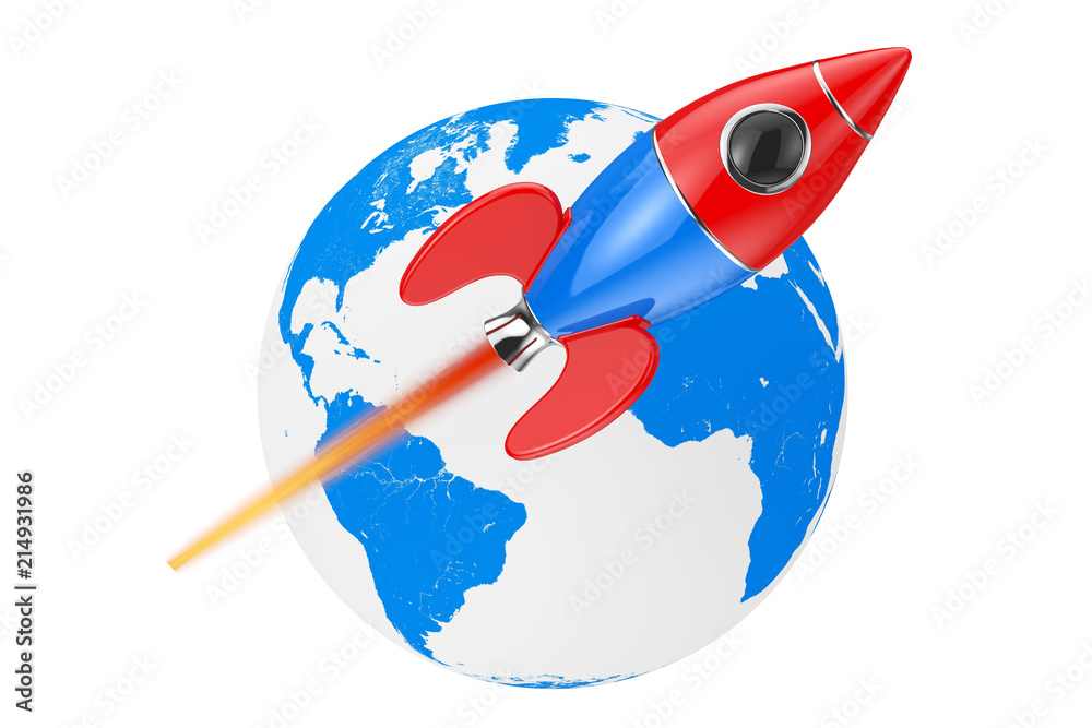 Poster modern cartoon rocket moving around the earth globe. 3d rendering