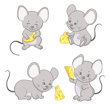 Mouse with cheese vector illustration. Set of cute little mice.