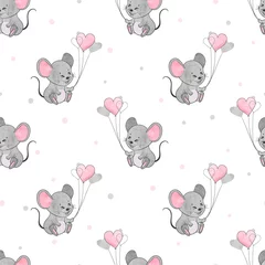 Wallpaper murals Animals with balloon Seamless pattern with cute mice and heart balloons.