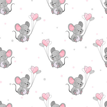 Seamless pattern with cute mice and heart balloons.