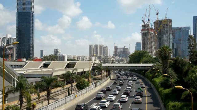 Highway in Tel Aviv Day View Traffic. Real Time