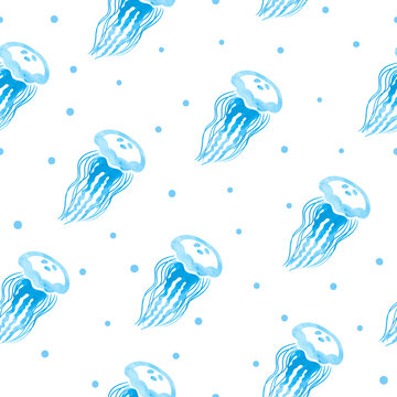 Seamless pattern with blue watercolor jellyfish.
