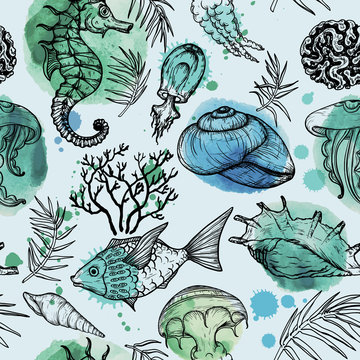 Seamless watercolor pattern with sketch of sea organisms. Hand Drawn background