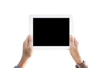 Handsome man hands holding digital tablet, With selection cut on white background
