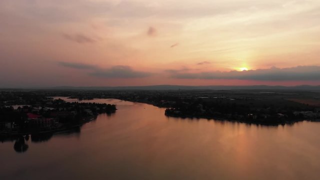 Lake sunset drone shot