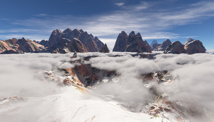 Low hanging clouds in a mountain range