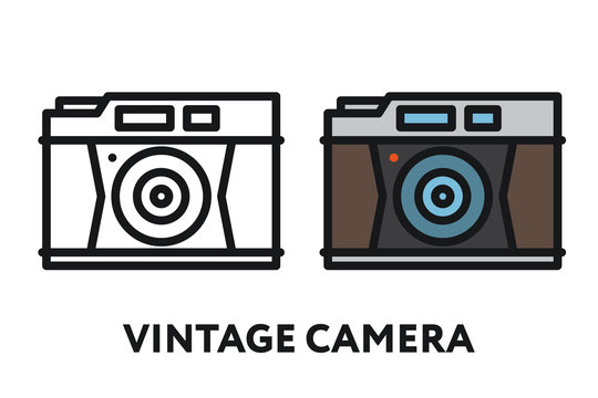 Vintage Antique Photo Film Camera. Photography Equipment Concept. Minimal Color Flat Line Outline Stroke Icon.