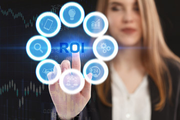 The concept of business, technology, the Internet and the network. A young entrepreneur working on a virtual screen of the future and sees the inscription: ROI