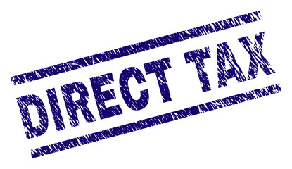 DIRECT TAX seal print with distress style. Blue vector rubber print of DIRECT TAX text with scratched texture. Text label is placed between parallel lines.