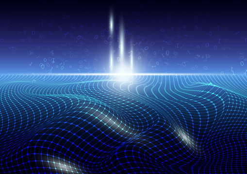 Glowing blue connection grid wireframe with rising binary code, computer technology big data concept vector illustration