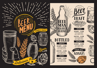Beer drink menu for restaurant and cafe. Design template with hand-drawn graphic illustrations. Vector beverage flyer for bar on chalkboard background.