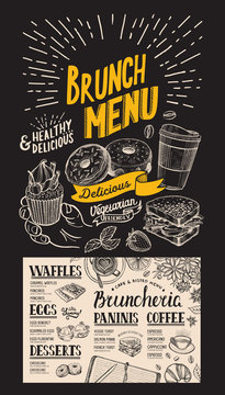 Brunch restaurant menu. Vector food flyer for bar and cafe. Design template with vintage hand-drawn illustrations on chalkboard background.