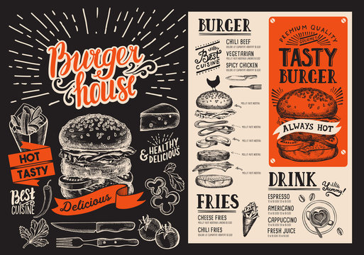 Burger menu. Vector food flyer for restaurant and cafe. Design template with vintage hand-drawn illustrations.
