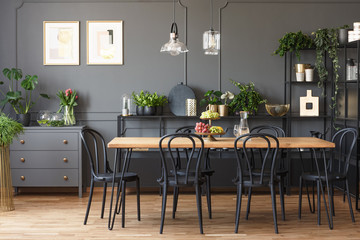 Real photo of a gray and black dining room interior with posters on a dark wall with molding, lamps above wooden table and plants on metal racks - Powered by Adobe