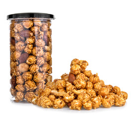 pieces of caramel popcorn on a white background
