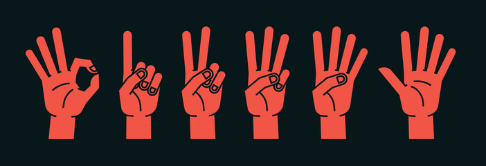 Count on fingers. Gesture. Stylized hands showing different numbers. Icons. Vector.