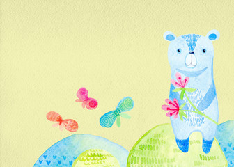 watercolor background with cute, cartoon wild animal, bear, flowers, butterfly