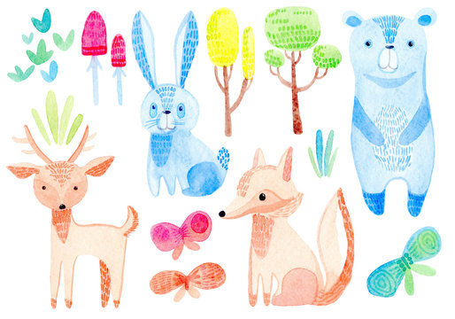 watercolor set with cute, cartoon wild animals and plants, grass, mushrooms, hare, tree, bear, butterfly, fox, deer