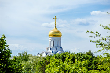 Fototapeta na wymiar The dome of the Orthodox Church surrounded by among the green trees