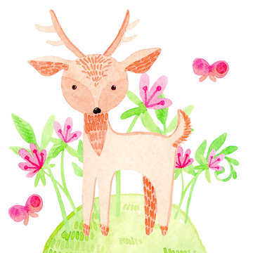 watercolor illustration with cute, cartoon wild animals and plants, deer, butterfly, grass, flowers