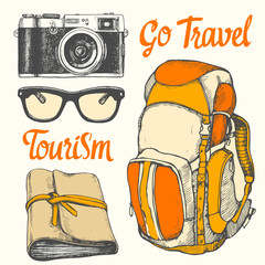 Travel hand-drawn set with sunglasses, camera, notepad, backpack. Vector illustration in sketch style on white background. Brush calligraphy elements for your design. Handwritten ink lettering.