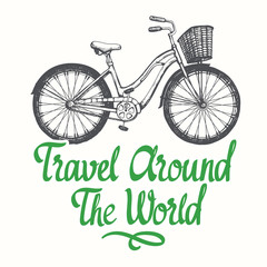 Travel vector illustration with bicycle in sketch style on white background. Brush calligraphy elements for your design. Handwritten ink lettering.