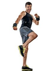 one caucasian fitness man exercising cardio boxing exercises in studio  isolated on white background