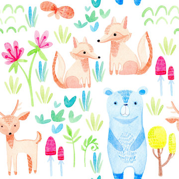 watercolor seamless pattern with cute, cartoon wild animals and plants, fox; butterfly; deer; bear; flowers; mushrooms