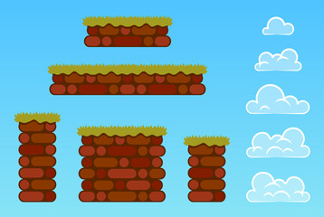 Set of game elements. Vector stone platforms and clouds for mobile game