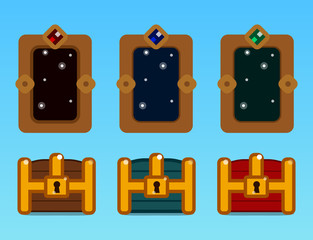 Set of items for gaming interface. Wooden chest, red chest, blue chest, three magic doors