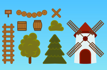 Set of items for gaming interface.Stairs, coins, barrel, wooden box,  bush, mill, bridge, pointer, barrier, tree, spruce