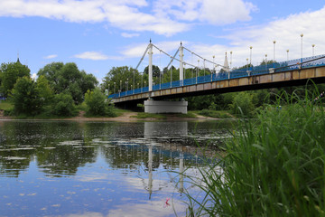 Cable-stayed bridge over the Kotorosl river in Yaroslavl. View from the island of Damansky