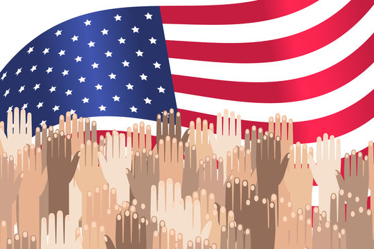 Multiracial Colorful Peoples' Hands Raised. illustration of Human Rights Day background.