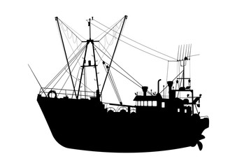 Silhouette of a trawler. Fishing boat on a white background. Flat vector.