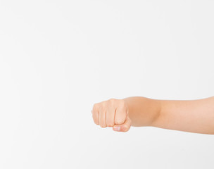 Black Woman fist isolated on a white background. afro american fist. Front view. Mock up. Copy space. Template. Blank.