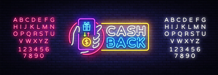 Naklejka premium Cash Back sign vector design template. Smartphone in hand Cash Back symbols neon logo, light banner design element colorful modern design trend, bright sign. Vector. Editing text neon sign
