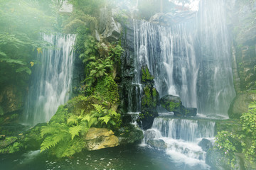 Beautiful waterfall in the corner in Lungshan Temple of Manka , Wanhua District, Taipei, Taiwan
