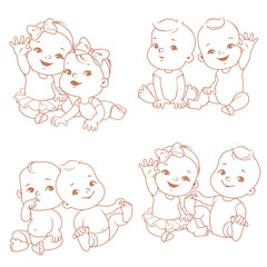 Obraz premium set with cute little twin babies. Baby shower illustration. Twin girls and boys. Different pairs of siblings. Sister and brother sitting waving hands. Vector outline illustration.