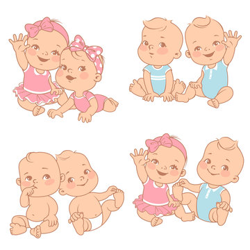 set with cute little twin babies. Baby shower illustration. Twin girls and boys. Different pairs of siblings. Sister and brother sitting waving hands. Vector color  illustration.
