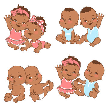 Baby shower set. Baby girl and baby boy with blank text bubble. Say hello mom or day. Different pairs of siblingsTwin shower card. Dark skin children. Ethnic baby. Vector illustration.