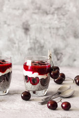 Chia pudding with greek yogurt and fresh cherries 