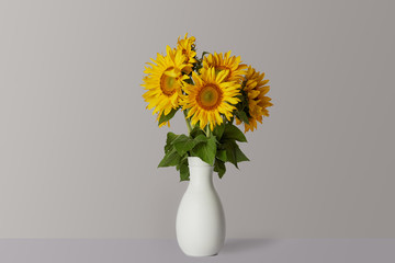 Fototapeta premium bouquet of yellow sunflowers in white vase, on grey