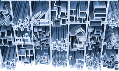 Group of metal profiles different sizes and shapes metallurgical industry construction. 3d render