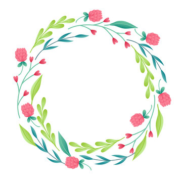Floral wreath with clover, leaves and branches on white background