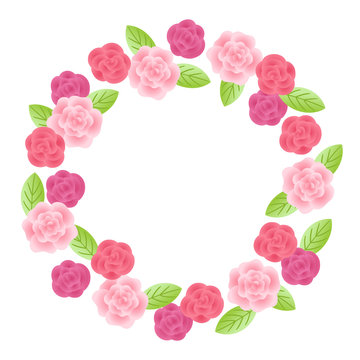 Floral wreath with roses and leaves on white background