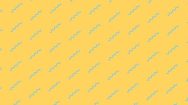 Dise&ntilde;o en v&iacute;deo de patr&oacute;n de un entramado de peque&ntilde;os l&iacute;neas curvas azules en movimiento que que se desplazan mientras hacen zigzag y giran. El fondo es de color amarillo naranja.