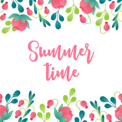 Floral greeting card with seamless border - leaves, herbs, peony buds