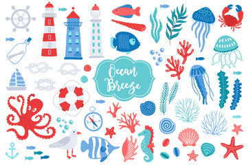 Obraz premium Set of ocean design elements - lighthouse, fish, shell, seaweed, jellyfish