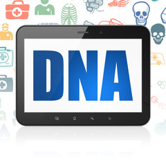 Healthcare concept: Tablet Computer with  blue text DNA on display,  Hand Drawn Medicine Icons background, 3D rendering