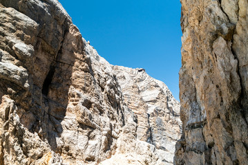 Tofana di Mezzo Via Ferrata in Cortina d'Ampezzo Dolomites. Cabin Cable car Station, View from Punta Anna via ferrata. Big rocky mountains in Dolomites, Italy. Climbing on the rocks in the mountains